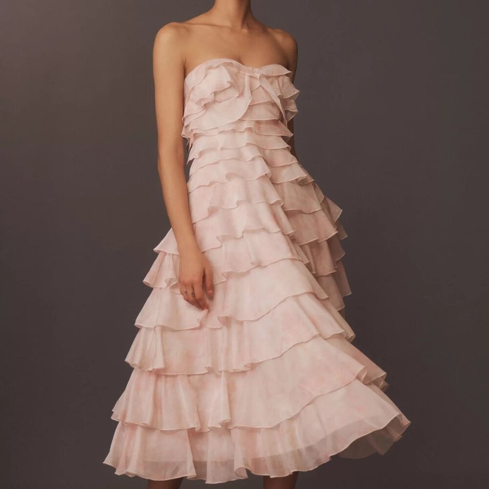 BHLDN Strapless Midi Ruffle Dress